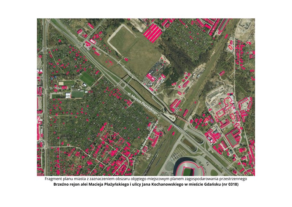 Fragment planu miasta z zaznaczeniem obszaru objętego miejscowym planem zagospodarowania przestrzennego Brzeźno rejon alei Macieja Płażyńskiego i ulicy Jana Kochanowskiego w mieście Gdańsku